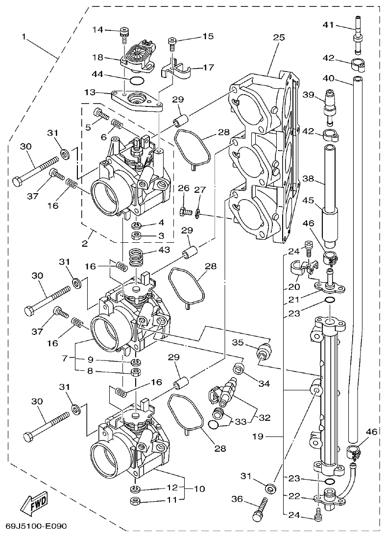 Yamaha F200A, F225A, FL200A, FL225A, F225TR, F200TR, LF225TR, LF200TR THROTTLE BODY ASSY 1 parts diagram